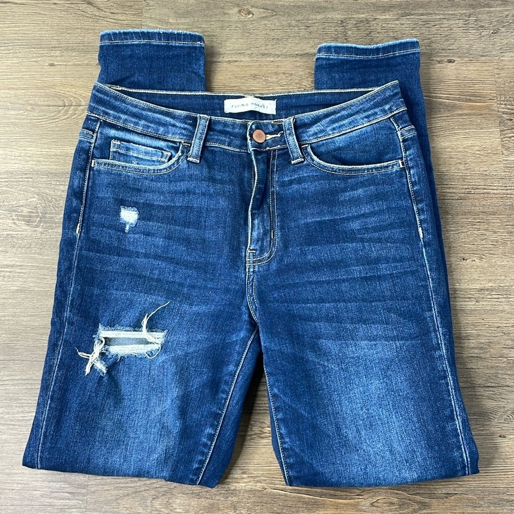 Flying Monkey Women's Skinny Jeans - Dark Blue with Distressed Knee